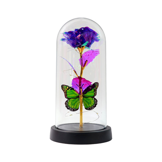 Led Preserved Rose With Colorful Butterfly In Plastic Dome (1 Pc Mix Color)