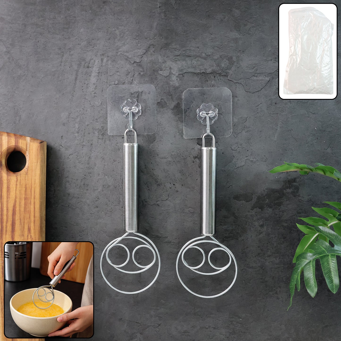 Two-piece stainless steel spiral hand whisks by Wukusy, ideal for mixing and whipping in home and kitchen cooking tasks.