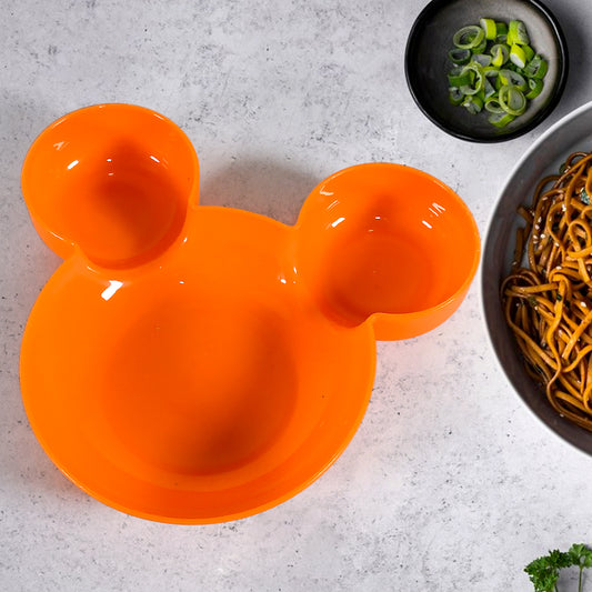 Unbreakable Mickey Mouse-shaped BPA-free kids plate with cartoon design, featuring a bowl and fruit plate for children’s tableware.