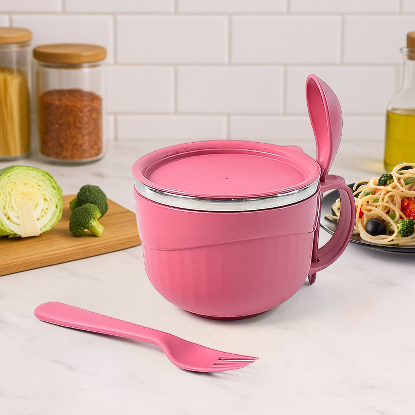 Wukusy Apex Premium 700ml multipurpose noodle bowl with handle, lid, and fork for home and kitchen use
