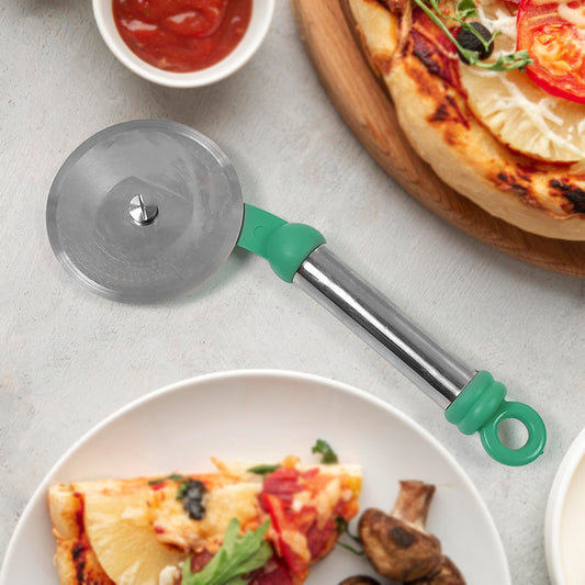 Wukusy stainless steel wheel pizza cutter for home kitchen use, with ergonomic handle and sharp cutting wheel.