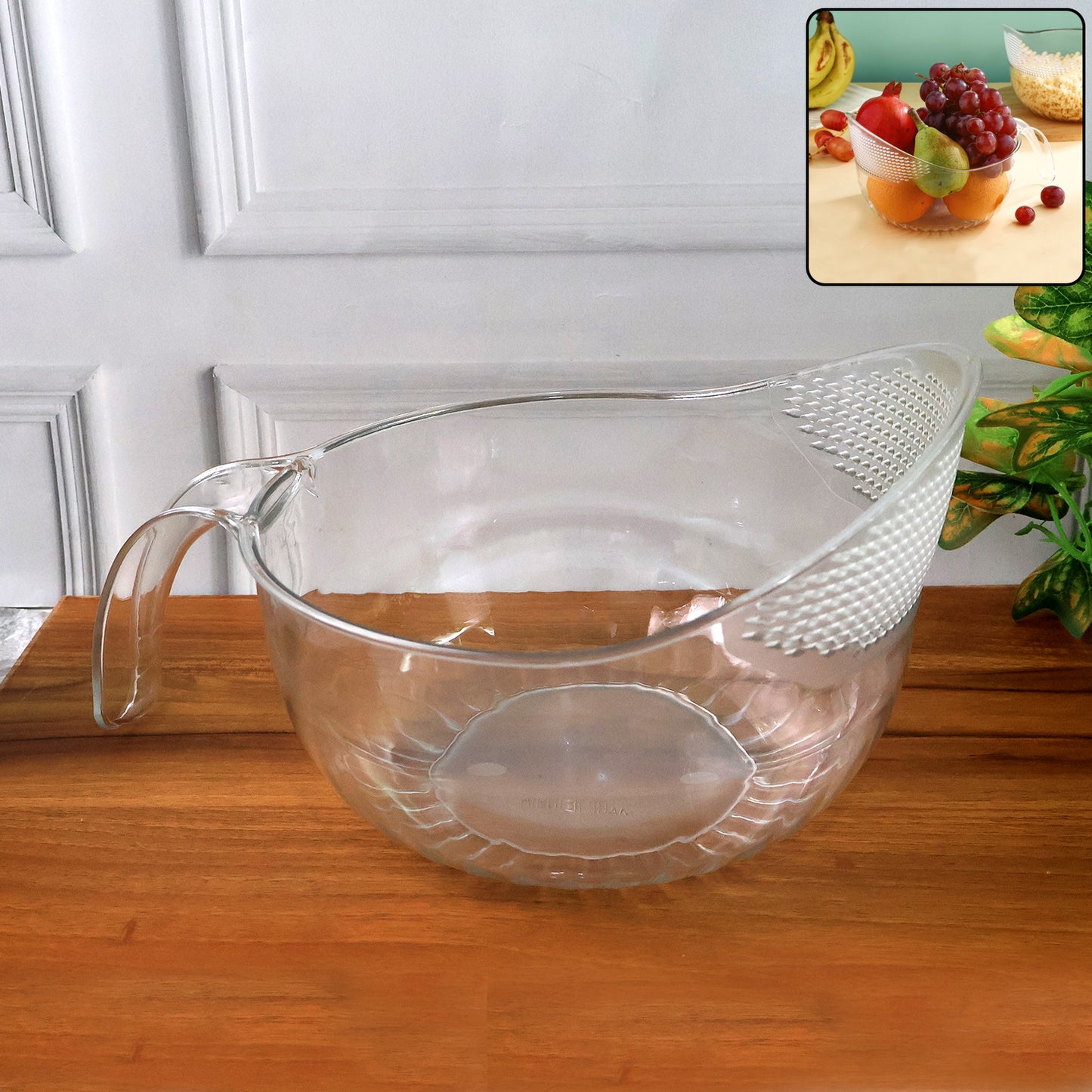 Wukusy Supermom transparent plastic bowl basket with handle, versatile for kitchen storage and organization.