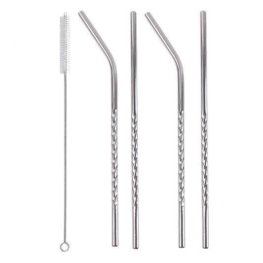 579 Set Of 4 Stainless Steel Straws Brush (2 Straight Straws 2 Bent Straws 1 Brush)