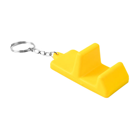 Wukusy plastic 2-in-1 mobile stand keychain attached to a smartphone, showcasing portable mobile accessory design.