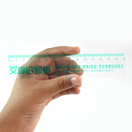 Transparent plastic office scale ruler by Wukusy, 15cm length, clear and lightweight for precise measurements.