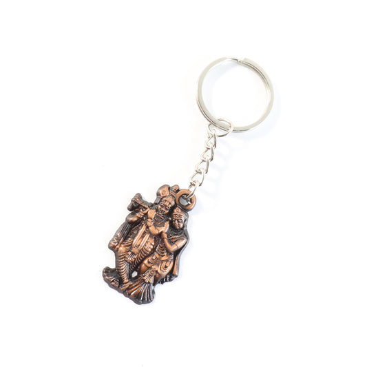 Wukusy Radha Krishna metal keychain featuring detailed Hindu deity design on a durable metal keyring.
