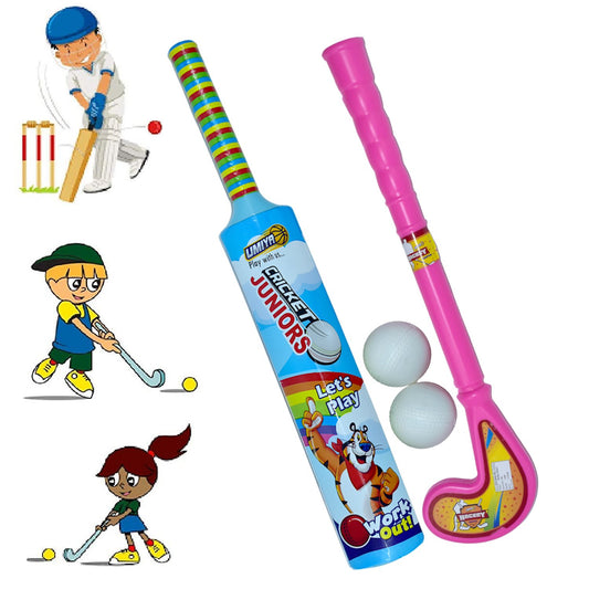 8023 Combo Of Light Weight Plastic Bat Ball Hockey For Kids
