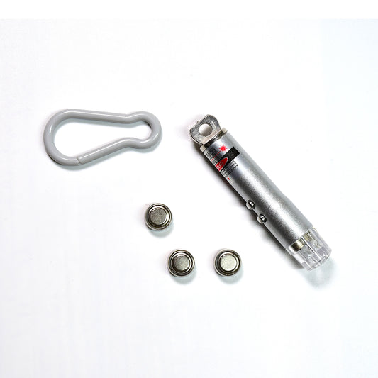 Wukusy 3-in-1 laser light, LED flashlight, and torch keychain with laser pointer, compact toy with multiple light features.