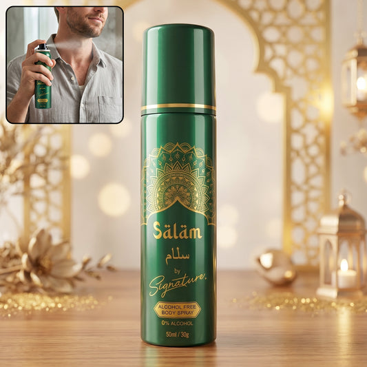 Wukusy Signature Salam Free Body Spray 50ml bottle with sleek design and spray nozzle on a neutral background