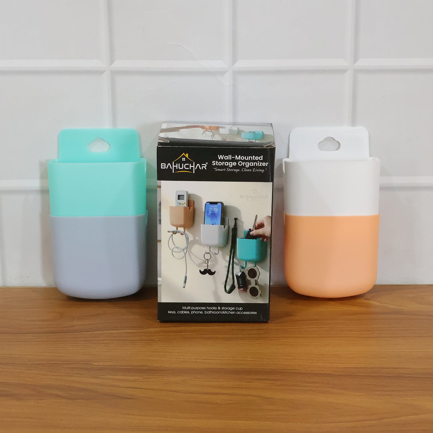 Multi-purpose Plastic Wall Mounted Mobile Charging Holder Set (4 Pc)