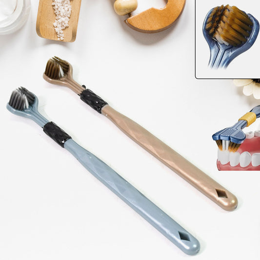Wukusy 3-sided soft bristle toothbrush set with two pink and blue toothbrushes for effective cleaning and gentle oral care