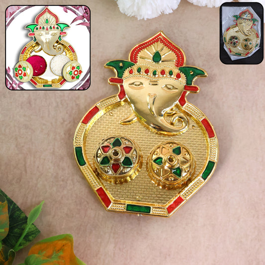 Decorative Ganesh design Kumkum box by Wukusy, made for home improvement, featuring intricate carvings and vibrant colors.