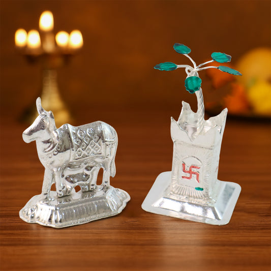 Silver-plated Kamdhenu Cow Tulsi Plant Pair Pooja Home Dcor