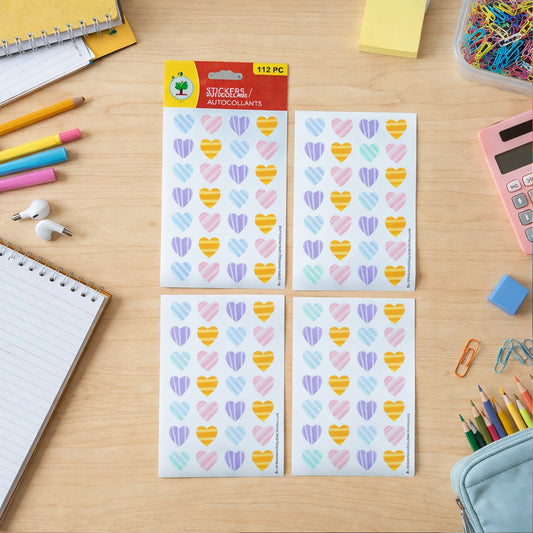 Colorful heart-shaped decorative sticker set with 112 pieces on four sheets, ideal for crafts and decorating.
