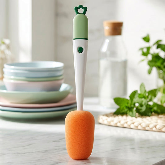 Wukusy 3-in-1 carrot-shaped cleaning brush with sponge for cups and flasks, shown in use on various drinkware.