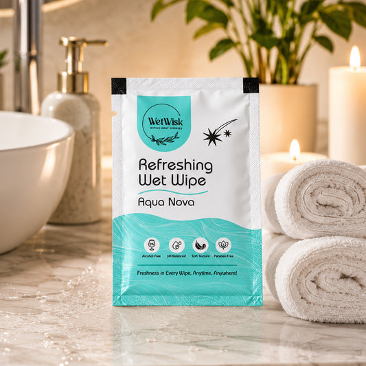 Wukusy Aqua Nova refreshing wet wipe for face, hands, and body, with cleansing and moisturizing properties, shown unfolded on a white background.