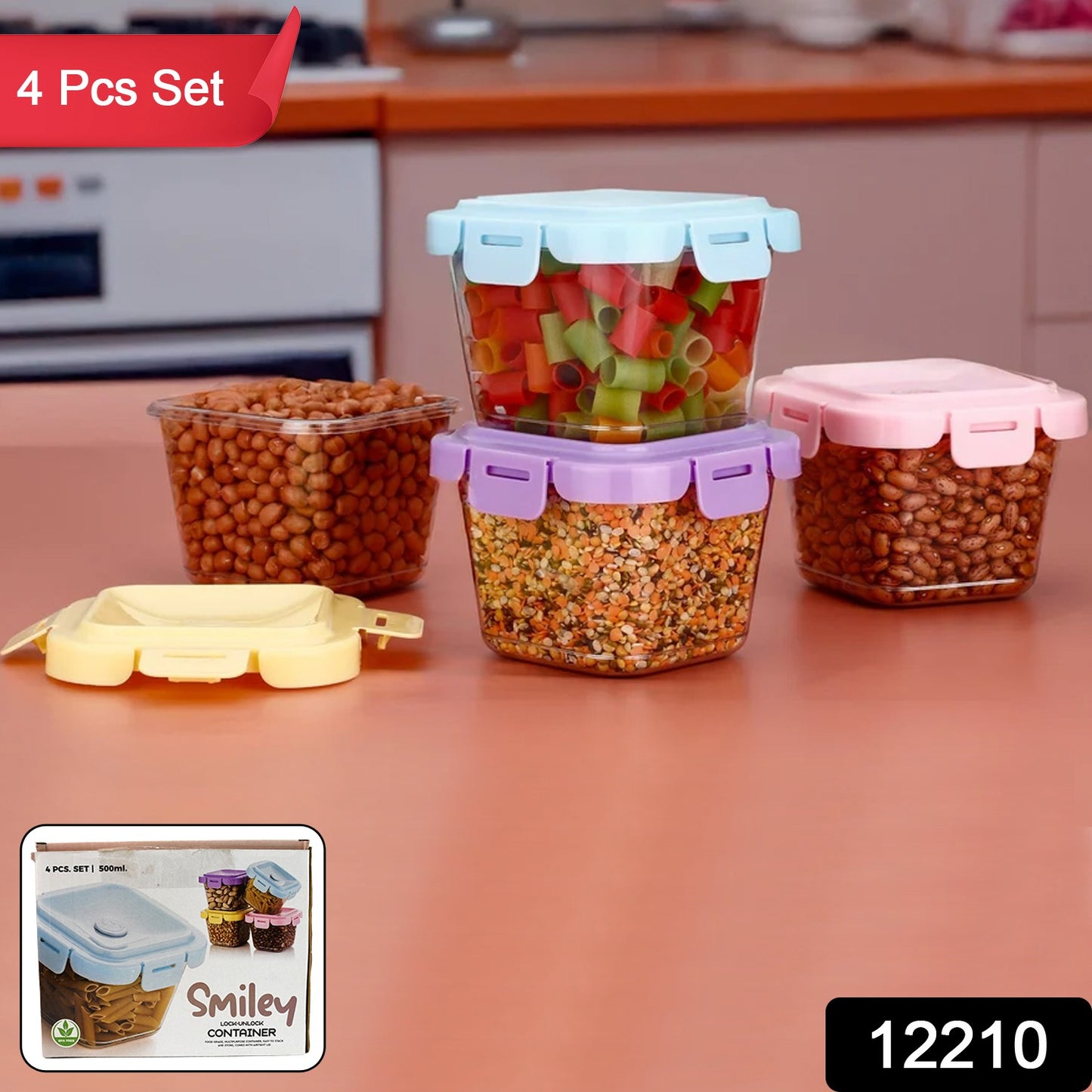Set of four Wukusy plastic food storage containers with lids, 500 ml capacity, ideal for kitchen organization and food preservation.