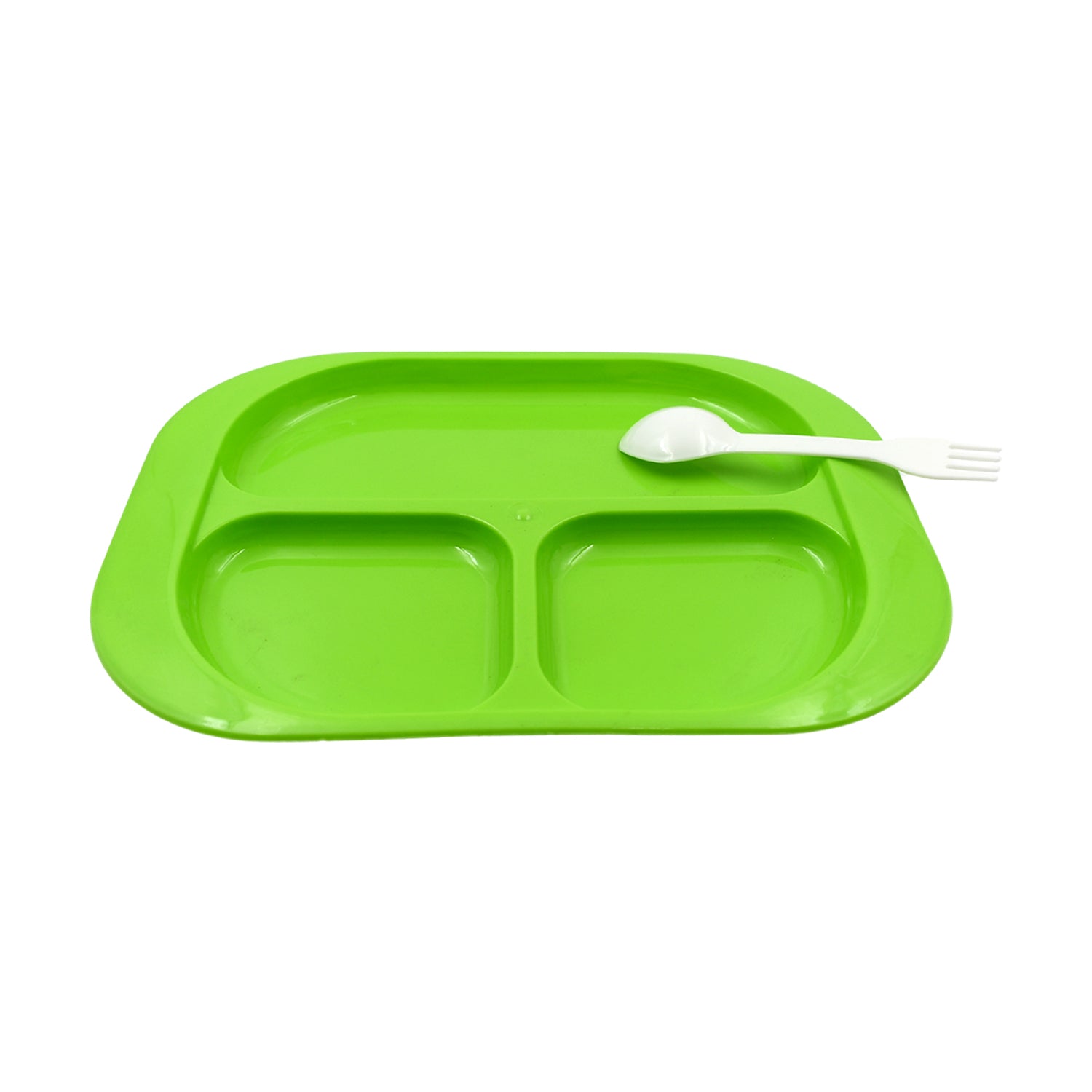 Wukusy 5554 biodegradable plastic food plate with three compartments and spoon, square design, BPA-free, suitable for kids and outdoor use