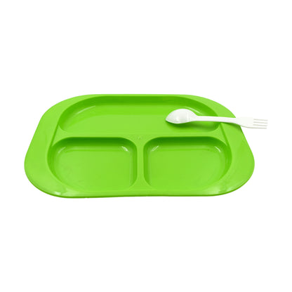 Wukusy 5554 biodegradable plastic food plate with three compartments and spoon, square design, BPA-free, suitable for kids and outdoor use