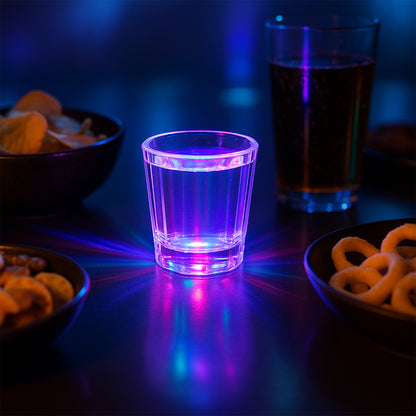 Set of six premium LED shot glasses by Wukusy, clear glass with colorful LED lighting for home bar or party use