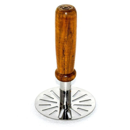 Wukusy stainless steel potato masher with wooden handle, ideal for mashing potatoes and pav bhaji in the kitchen.