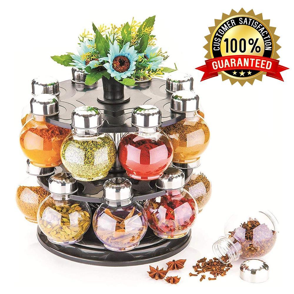 Wukusy 16-piece revolving plastic spice rack set with multiple compartments for kitchen spices and storage.
