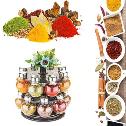 Wukusy 16-piece revolving plastic spice rack set with multiple compartments, designed for organized kitchen spice storage.