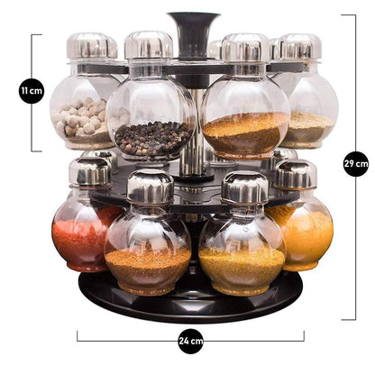 Wukusy 16-piece revolving plastic spice rack set with multiple compartments for organizing spices in the kitchen.