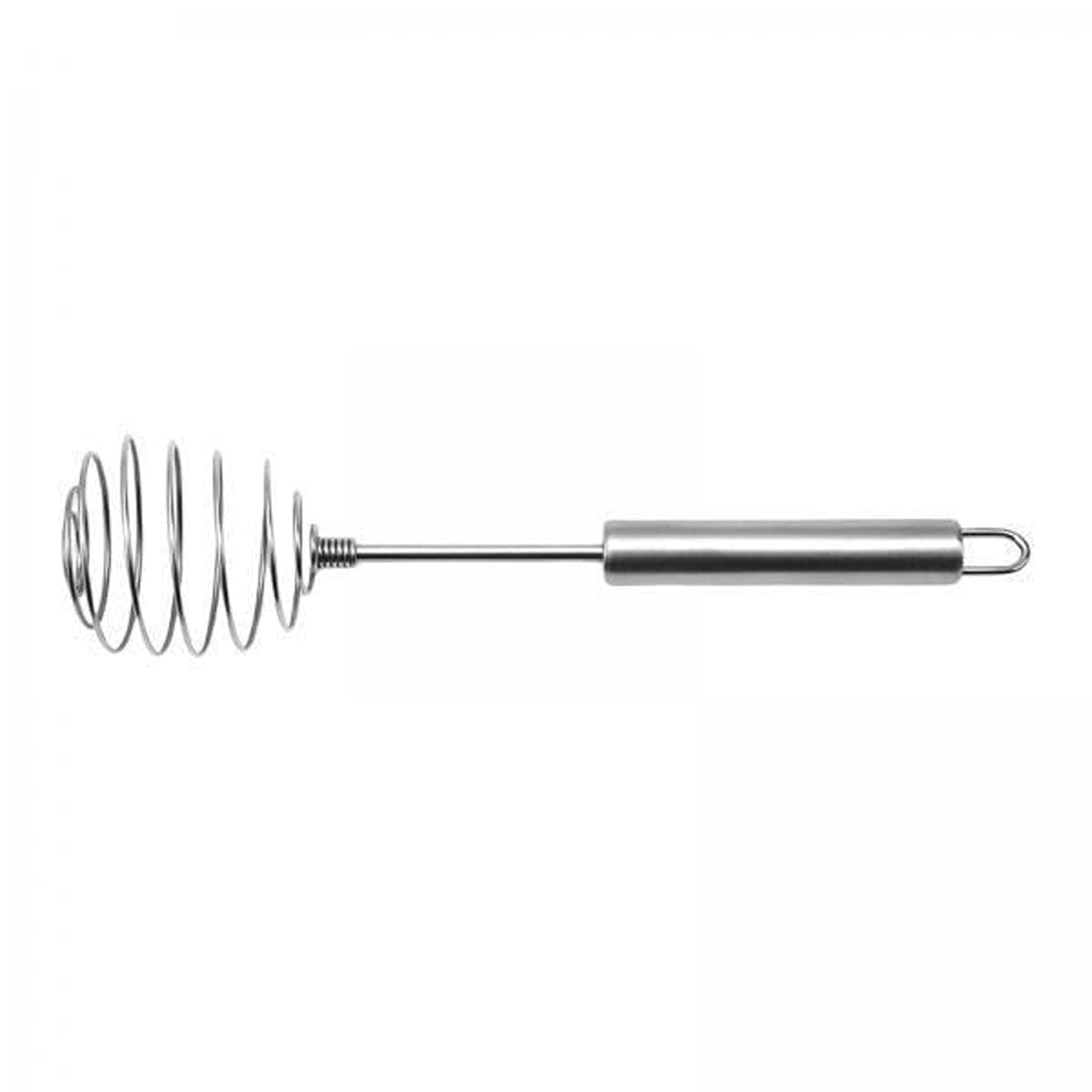 Wukusy stainless steel large round spring whisk egg beater for kitchen cooking, showing the metal handle and spring design.