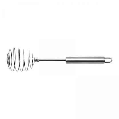 Wukusy stainless steel large round spring whisk egg beater for kitchen cooking, showing the metal handle and spring design.