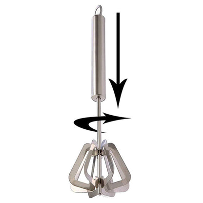 Wukusy 2335 stainless steel manual hand blender for home and kitchen use, shown with blending attachments on a countertop.