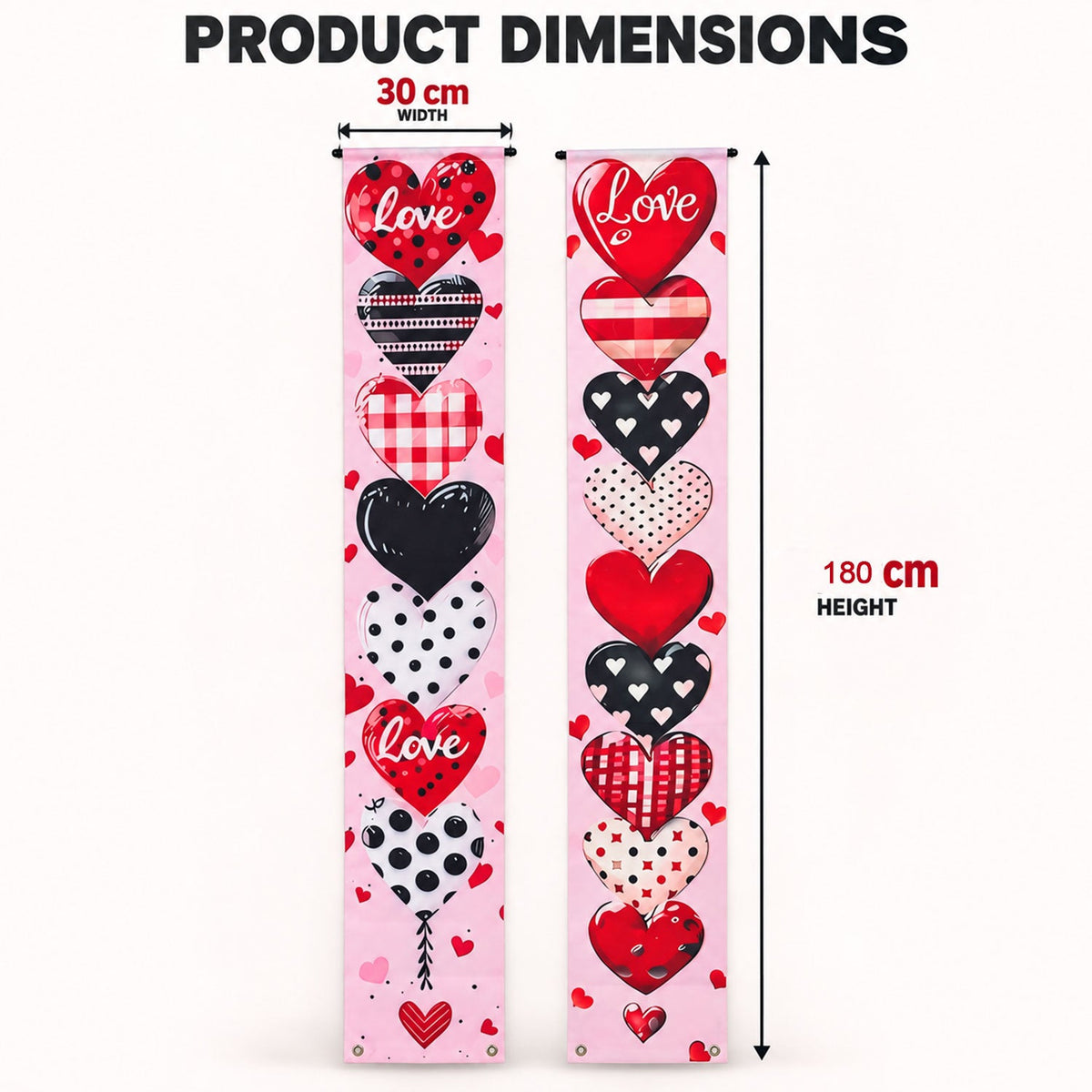 Pair of Wukusy love heart printed door hanging backdrop curtains, 180x30 cm, with romantic heart design for decoration.