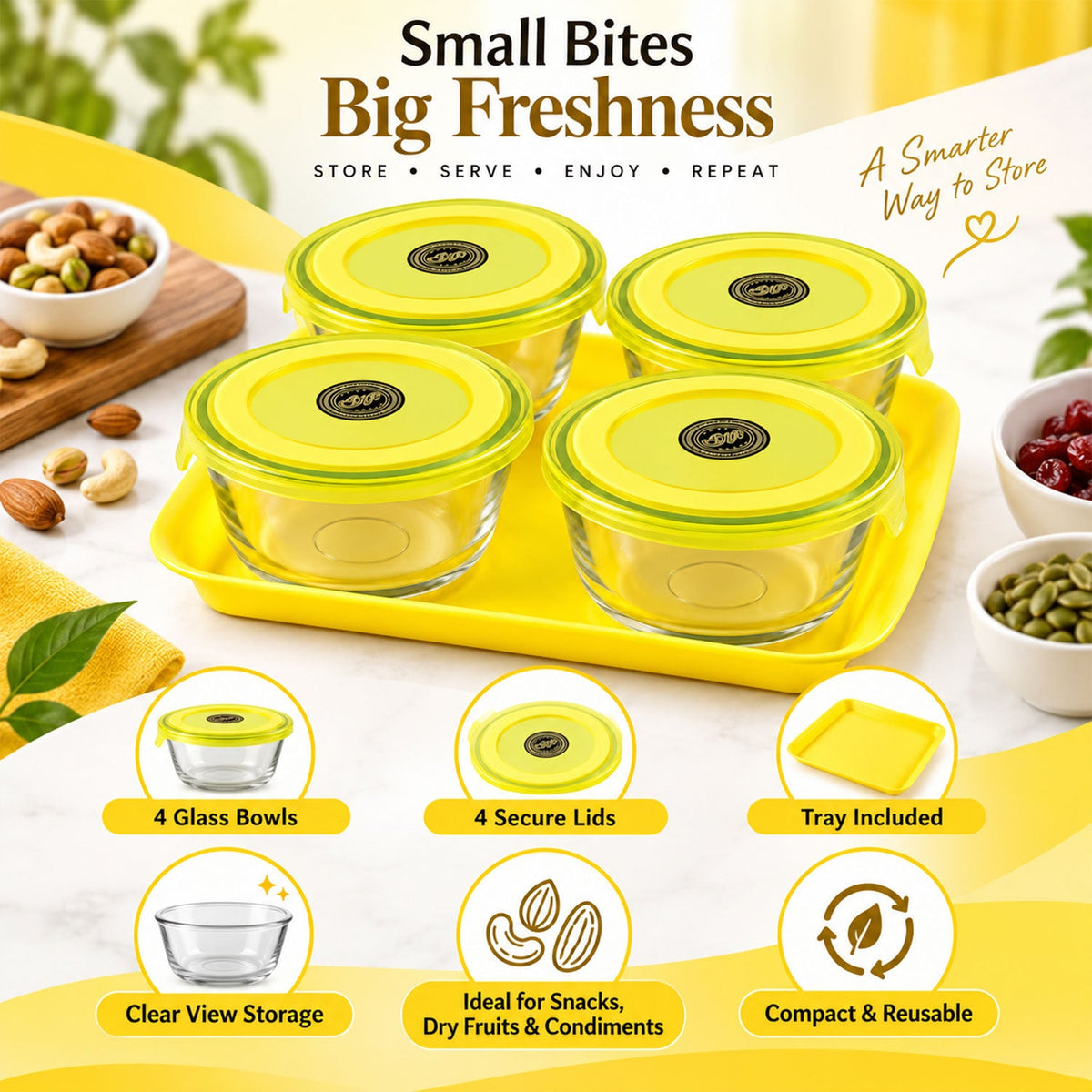 Wukusy 5-piece glass bowl set with plastic lids and serving tray for snacks, nuts, and small food items.