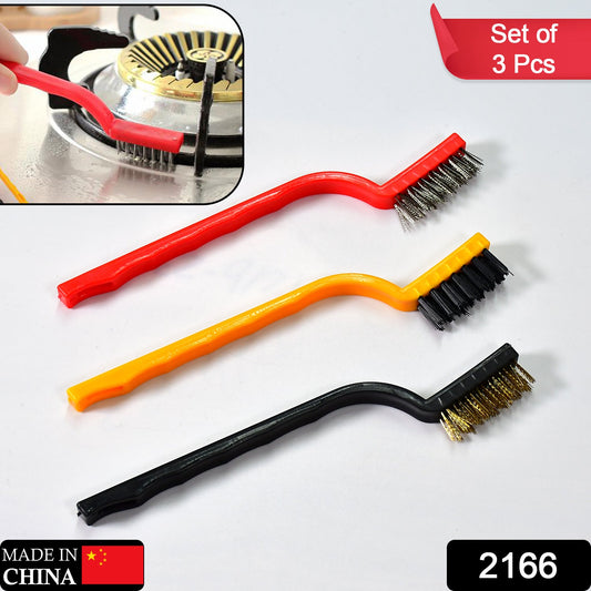Wukusy 3-piece mini wire brush set with brass, nylon, and stainless steel bristles for cleaning gas stoves, tiles, and rust removal.