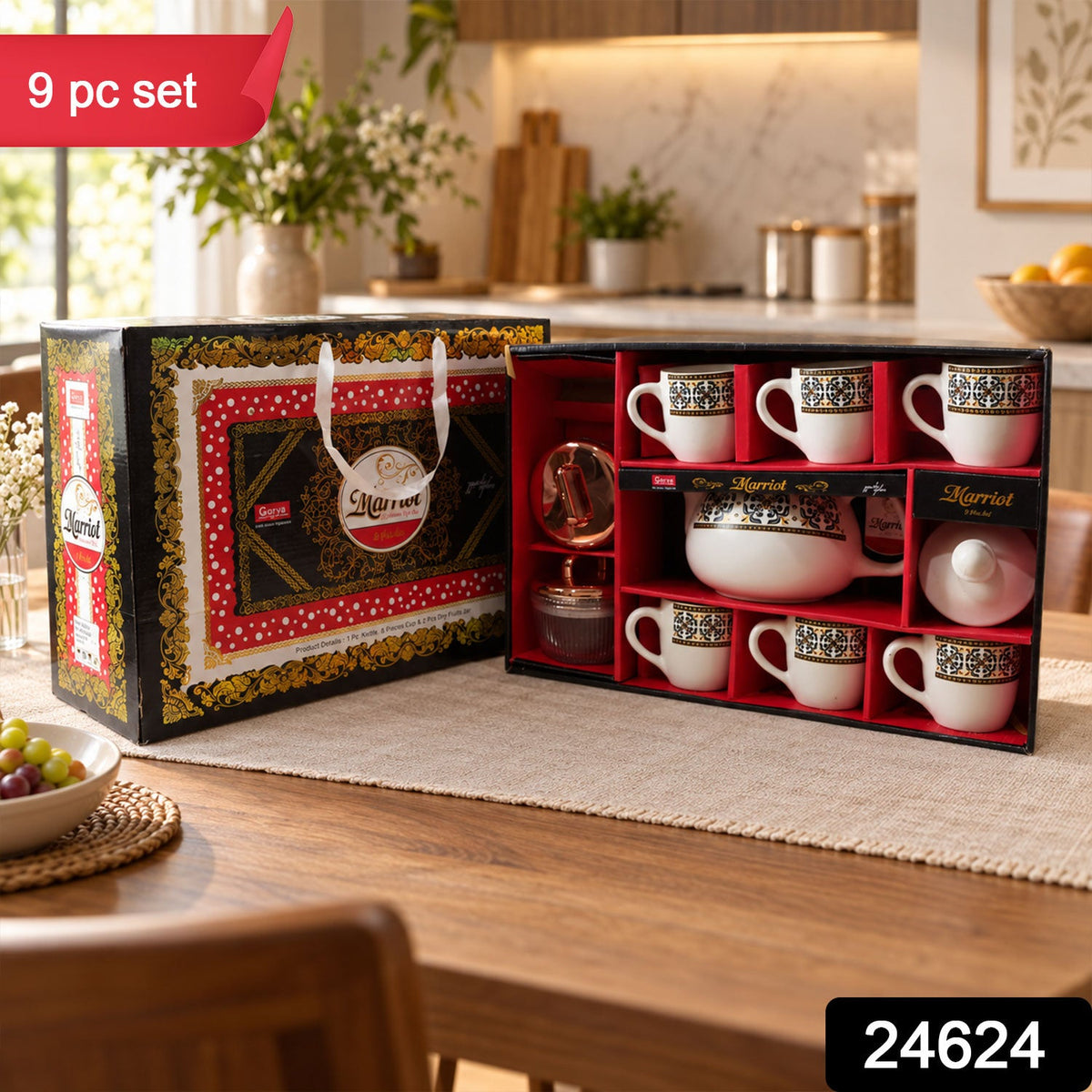 Wukusy tea gift set with kettle, 6 cups, and 2 dry fruit jars, including nine pieces of elegant tea accessories.