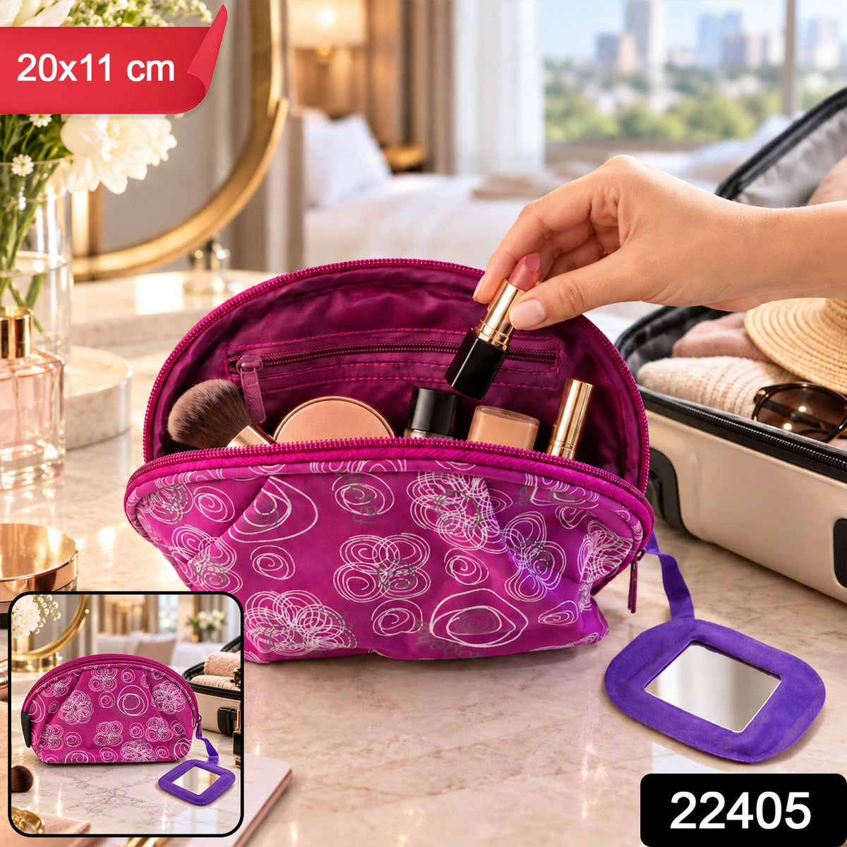 Wukusy floral cosmetic zipper pouch with attached mirror for travel storage, 20x11 cm, featuring vibrant floral pattern and compact design.