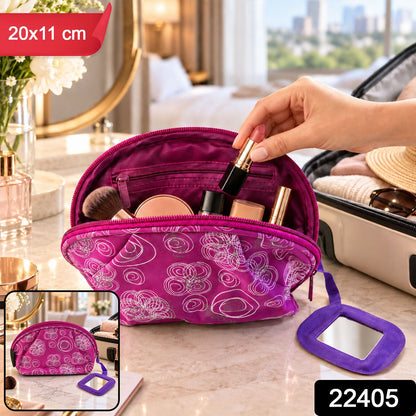 Wukusy floral cosmetic zipper pouch with attached mirror for travel storage, 20x11 cm, featuring vibrant floral pattern and compact design.