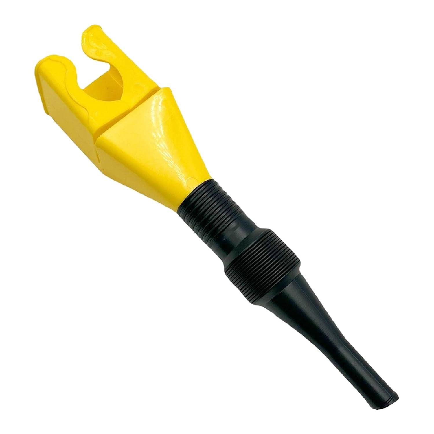 Wukusy flexible plastic funnel for spill-free car oil and fuel filling, shown in use with a vehicle fuel tank.