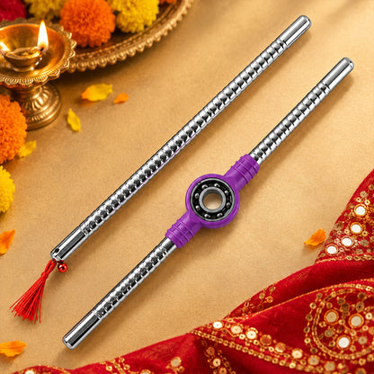 Pair of Wukusy steel dandiya sticks with textured grips, bearing center, and decorative tassels for traditional dance.