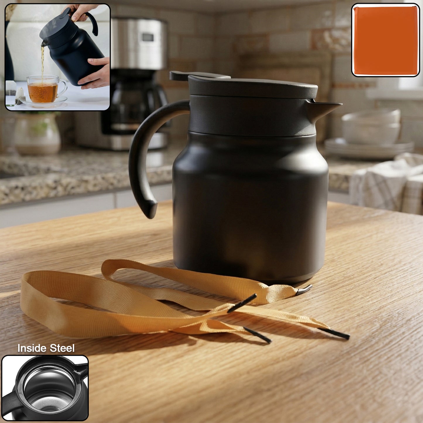 Wukusy 800ml insulated thermos flask with handle and strap, showing a sleek stainless steel design and ergonomic grip.