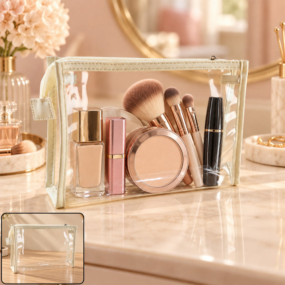 Clear PVC makeup zipper pouch by Wukusy, 23x14 cm, ideal for travel toiletries and cosmetics storage.