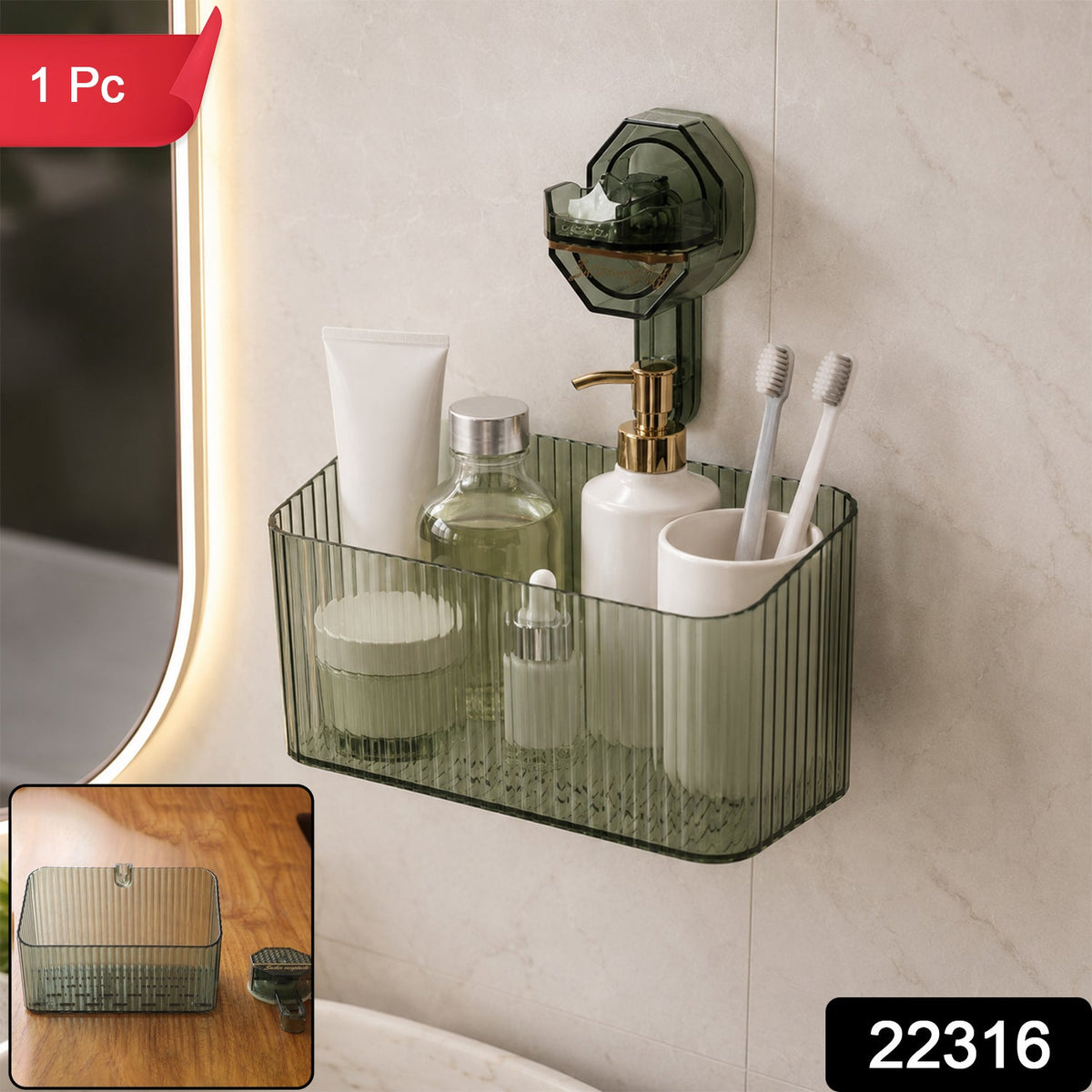 Transparent wall-mounted storage box by Wukusy for bathroom and kitchen organization, shown installed on a wall.