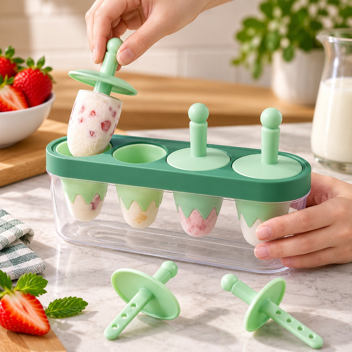 Wukusy ice cream candy popsicle maker with four reusable molds and sticks, shown with colorful frozen treats inside.