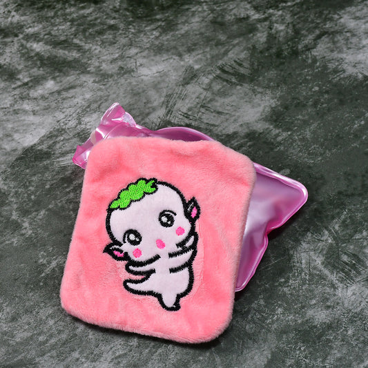 Pink cartoon hot water bag with cover by Wukusy, for pain relief, neck, shoulder, hand, foot warmth, and menstrual cramps.