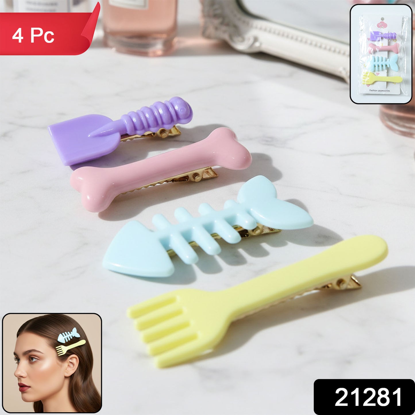 Set of four cute food-shaped hair clips by Wukusy, featuring playful designs like cupcakes, donuts, and fruit for kids and teens.
