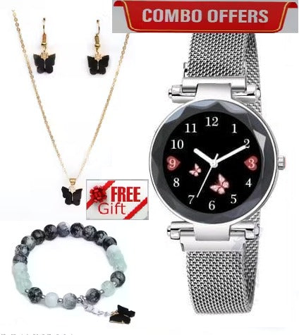 Women's silver butterfly design analog watch with matching bracelet, necklace, and earrings in Drpshippr's jewelry gift set.