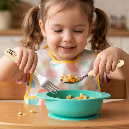 Kids cartoon spoon and fork set with easy grip handles, Wukusy 2-piece feeding utensils for children.