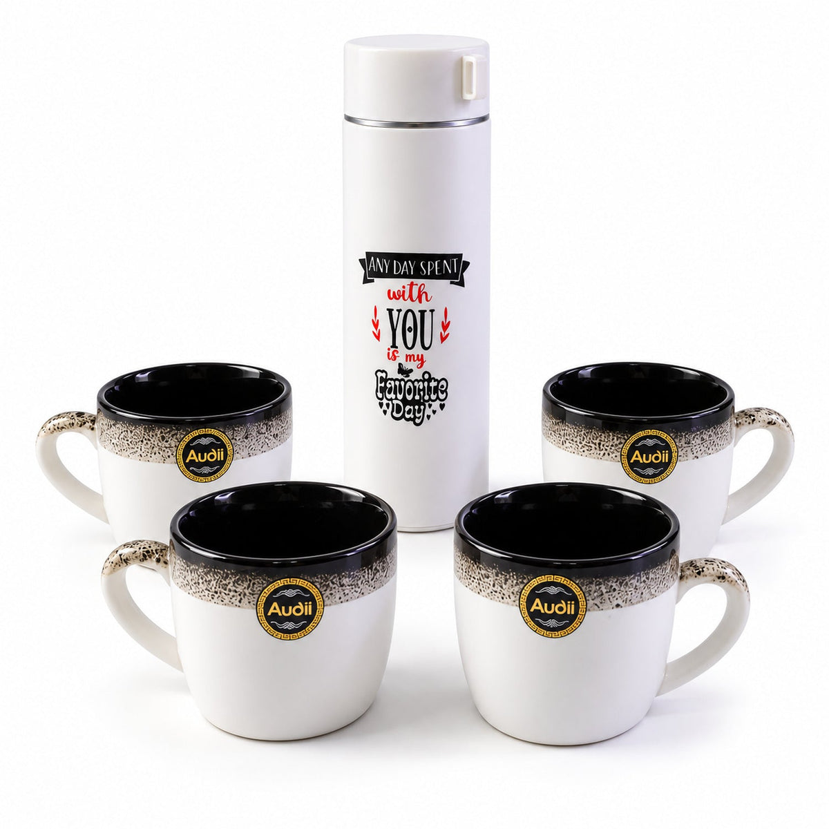 Wukusy bottle and mug gift set with a flask bottle and four tea and coffee mugs, all in a 5-piece set.