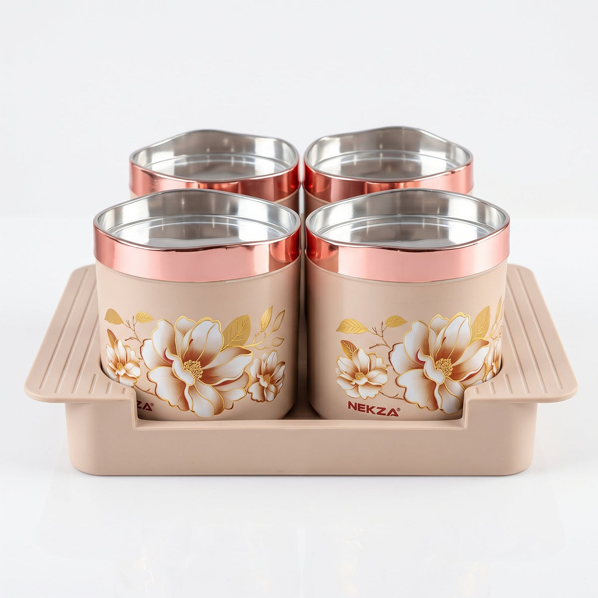 Wukusy golden dry fruit containers with stainless steel inner bowls and serving tray, 4-piece set for elegant storage and presentation.