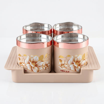 Wukusy golden dry fruit containers with stainless steel inner bowls and serving tray, 4-piece set for elegant storage and presentation.